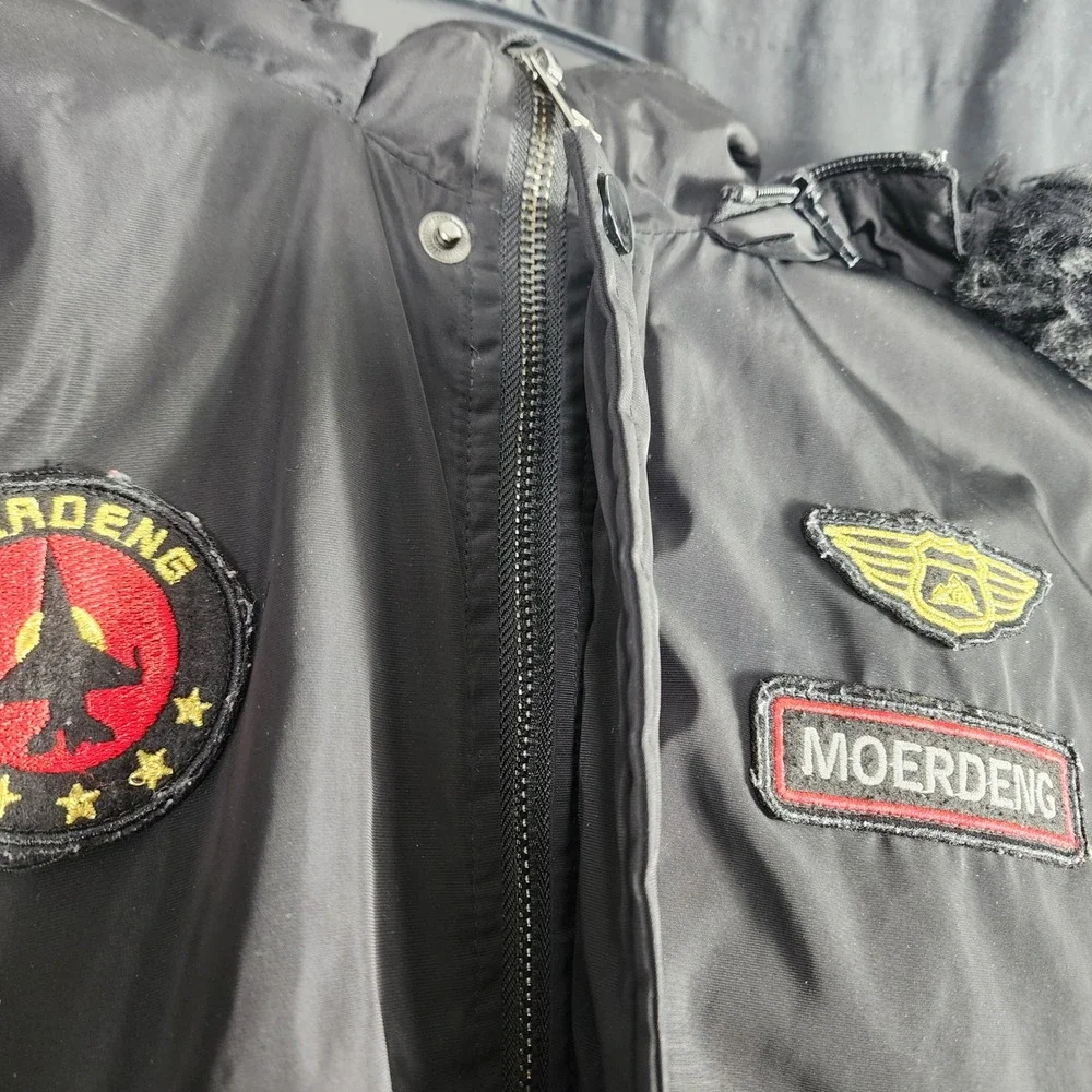 Kids MOERDENG‎ Black Hooded Parka Jacket Patches and Faux Fur Trim Size 10-12